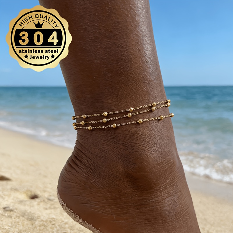 Women's Layered Bead Chain Anklet in Stainless Steel